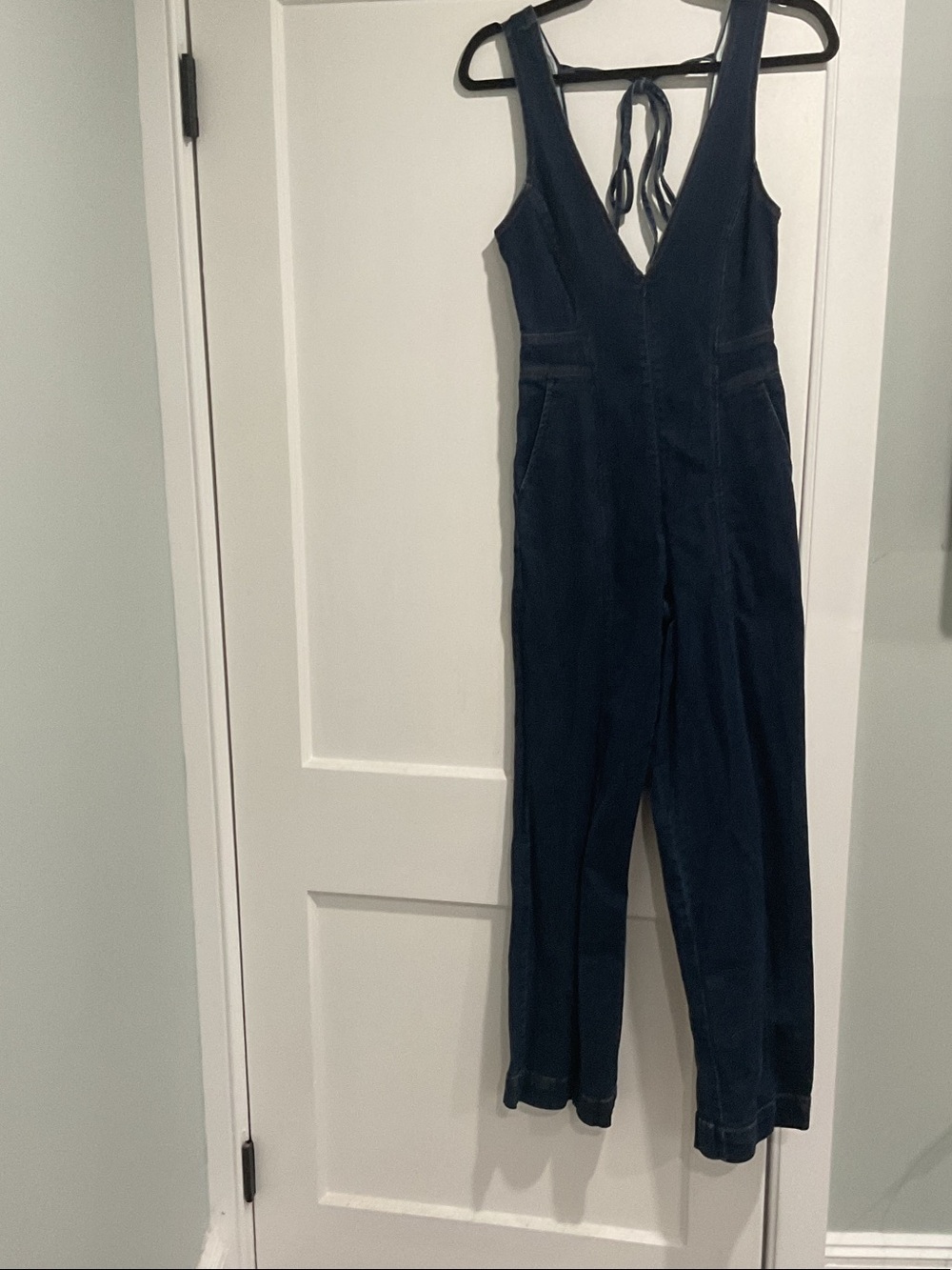 Free People Dark Navy V-Neck Denim Jumpsuit